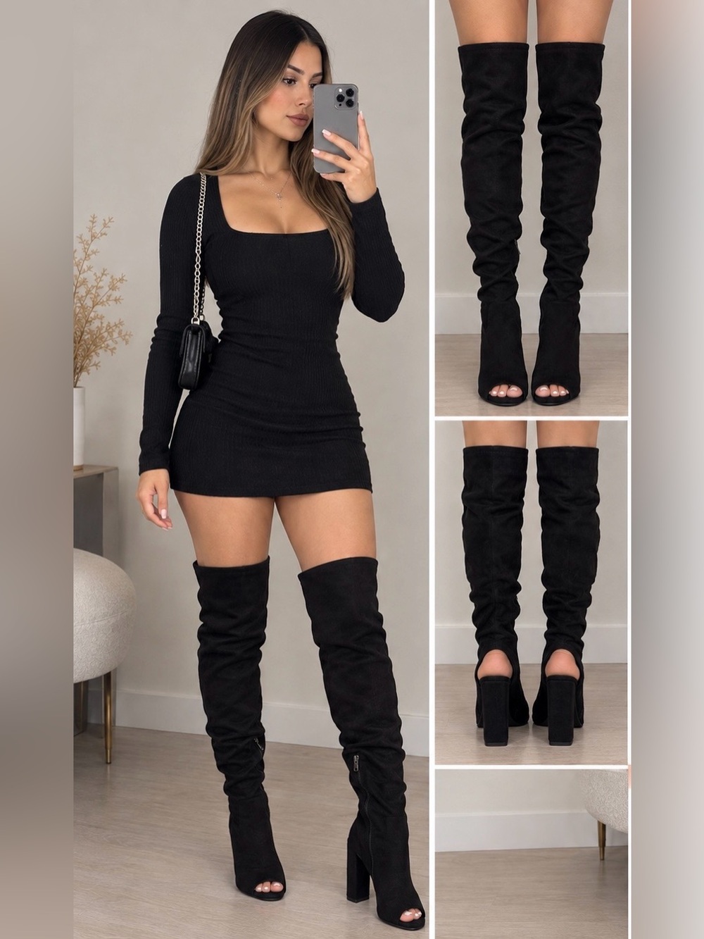 BAXBOO Black Over-the-Knee Heeled Boots